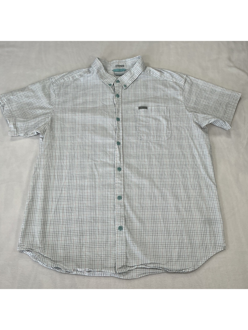 Columbia Mens XL PFG Button Up Fishing Shirt White Plaid Short Sleeve Cotton